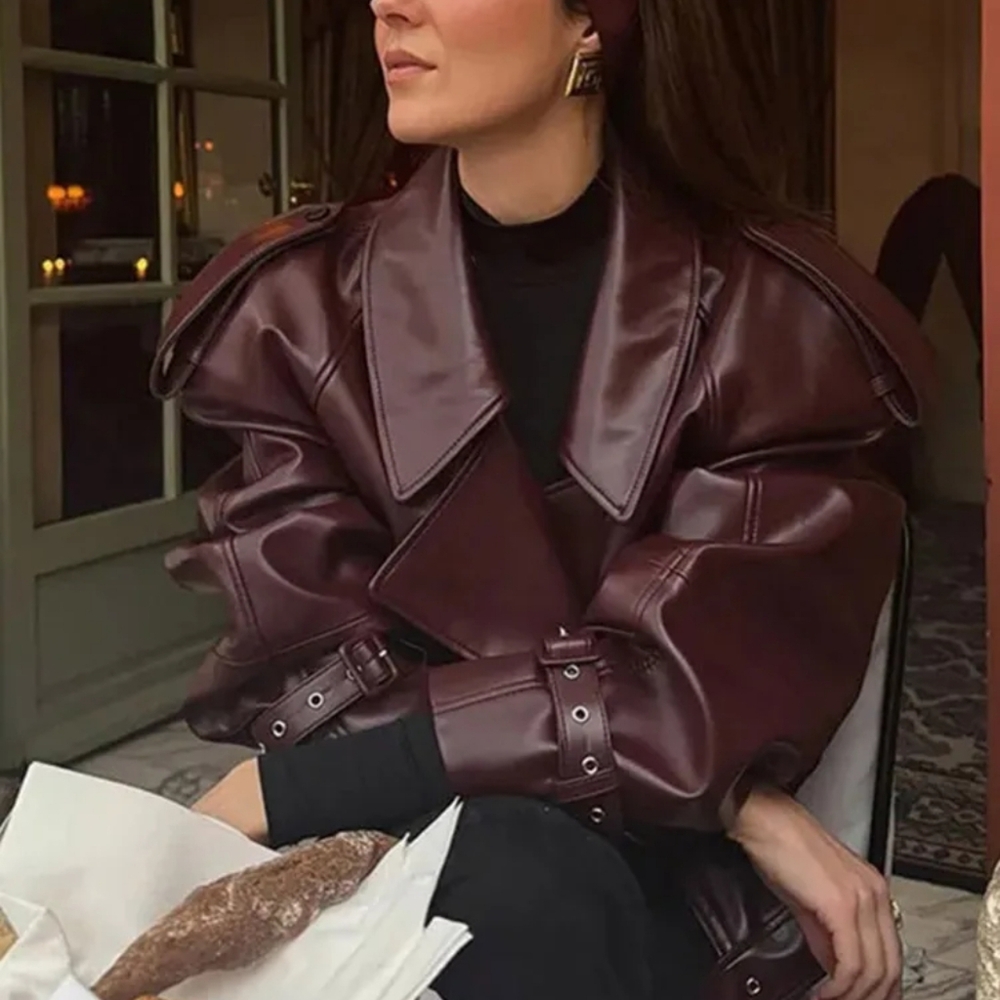 Elegant Women Long Sleeve Leather Jacket - Picture 2 of 11
